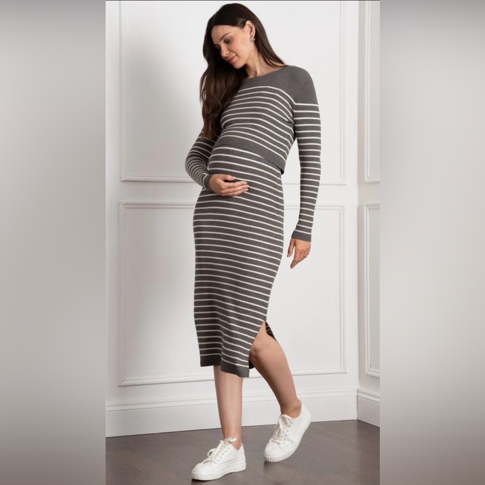 Seraphine Gray Striped Maternity/Nursing Dress
